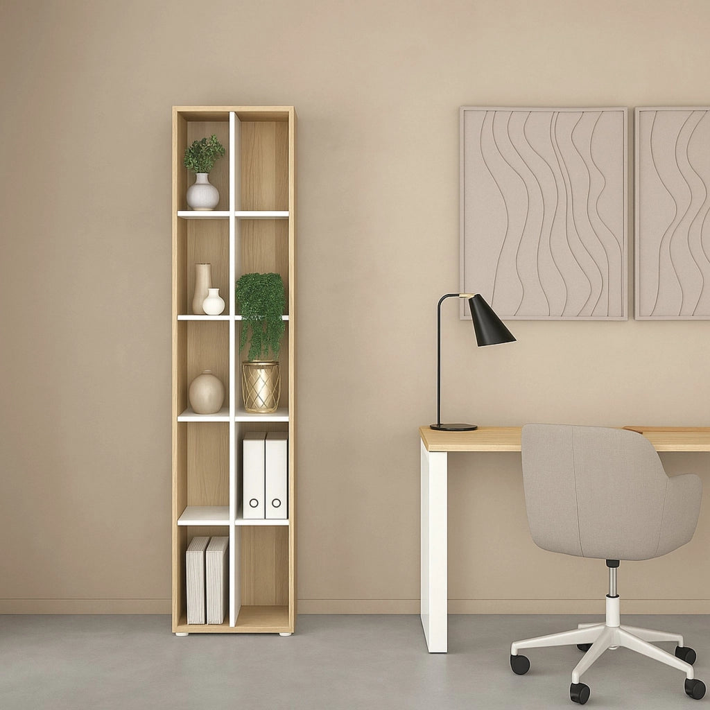 Libreria Erevan, Scaffale da ufficio, Mobile portalibri, Biblioteca, 41x34 h205 cm, Rovere e Bianco