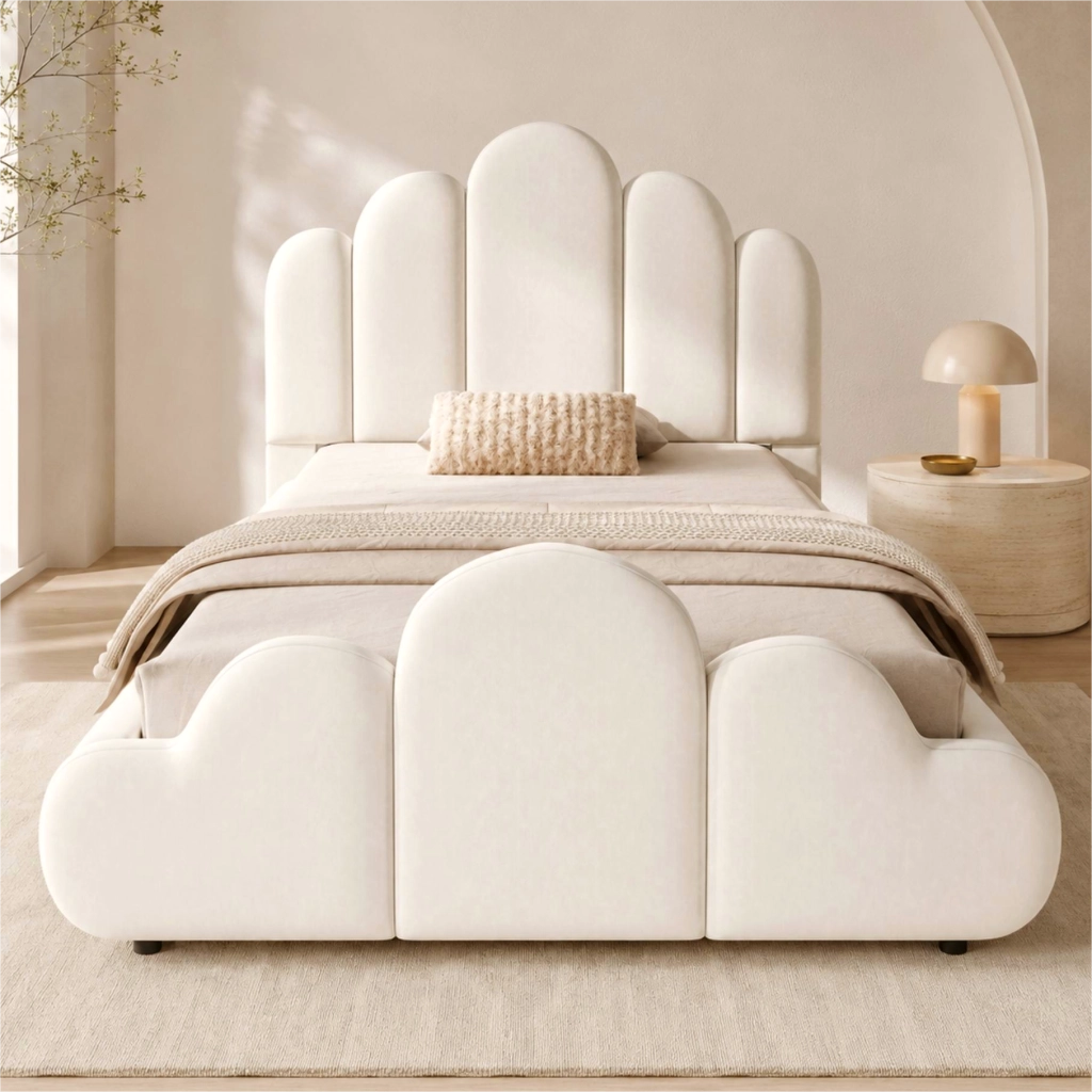 Letto imbottito per bambini con testiera e angoli arrotondati, 90x200 cm, velluto beige