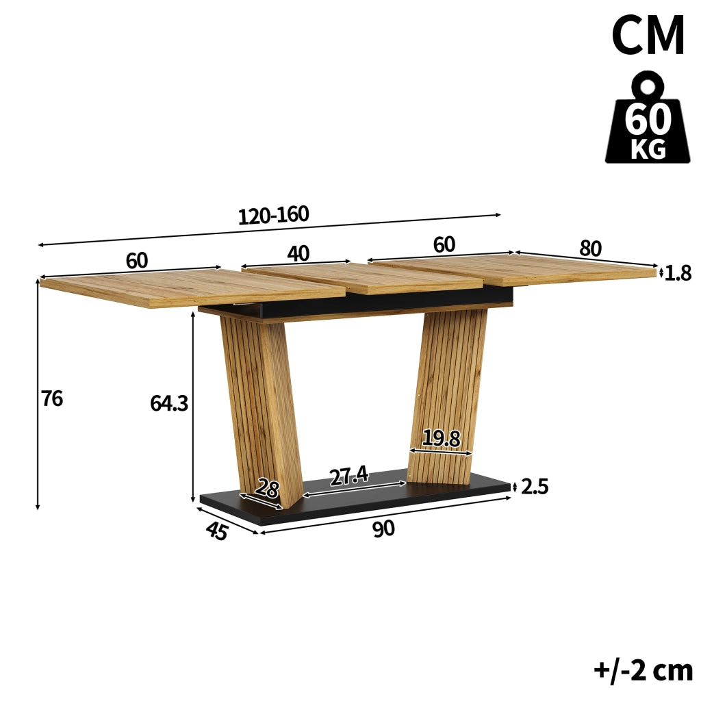 Tavolo da pranzo estensibile 120x80x76 cm in MDF e metallo rovere