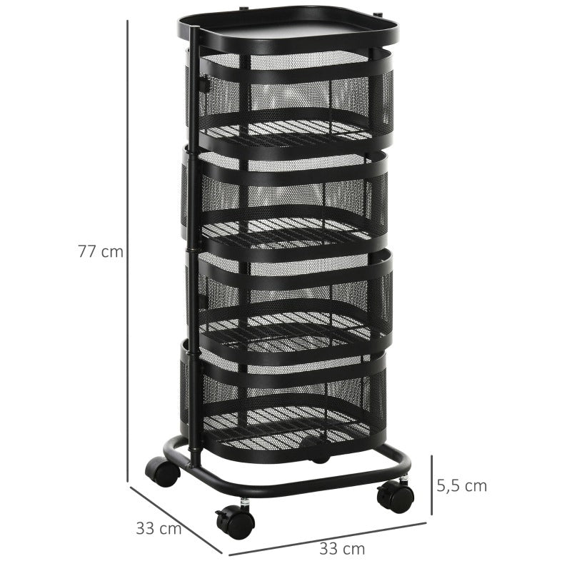 Carrello portaoggetti nero a 4 livelli con ruote