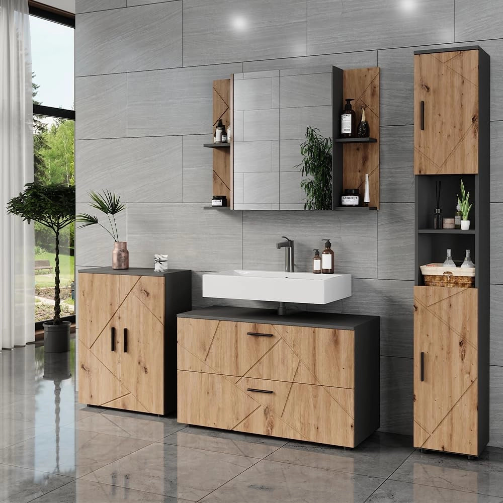 Set di mobili da bagno Irma, Antracite/Artisan, 4 parti