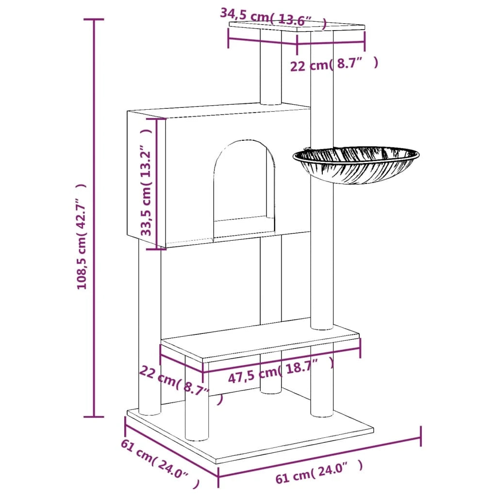 Tiragraffi per gatti torre per arrampicata giocattolo piattaforma per arrampicata con tiragraffi in sisal leggero 108,5 cm grigio 02_0022545