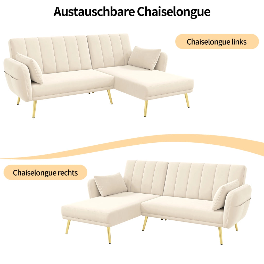 DIVANO LETTO angolare 191,5x130,5 cm in velluto beige con chaise longue reversibile