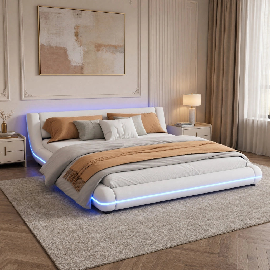 Letto a pavimento 160x200 cm con LED e struttura bianca