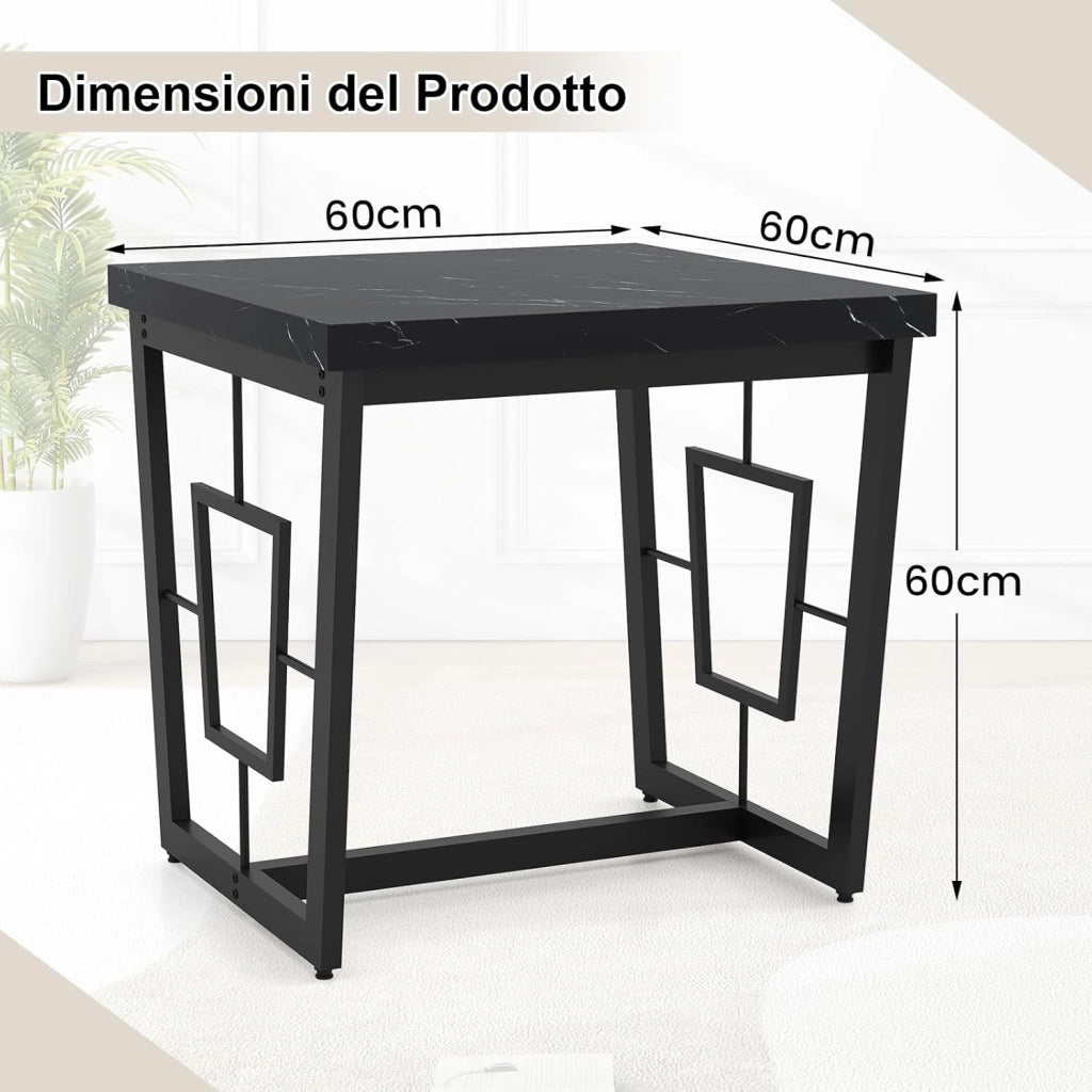 COSYWAY Tavolino da Salotto Quadrato, Tavolino Laterale Moderno con Piano in Marmo Sintetico, Solida Struttura in Metallo e Base a Forma di H, Mobile Versatile per Camera da Letto e Soggiorno