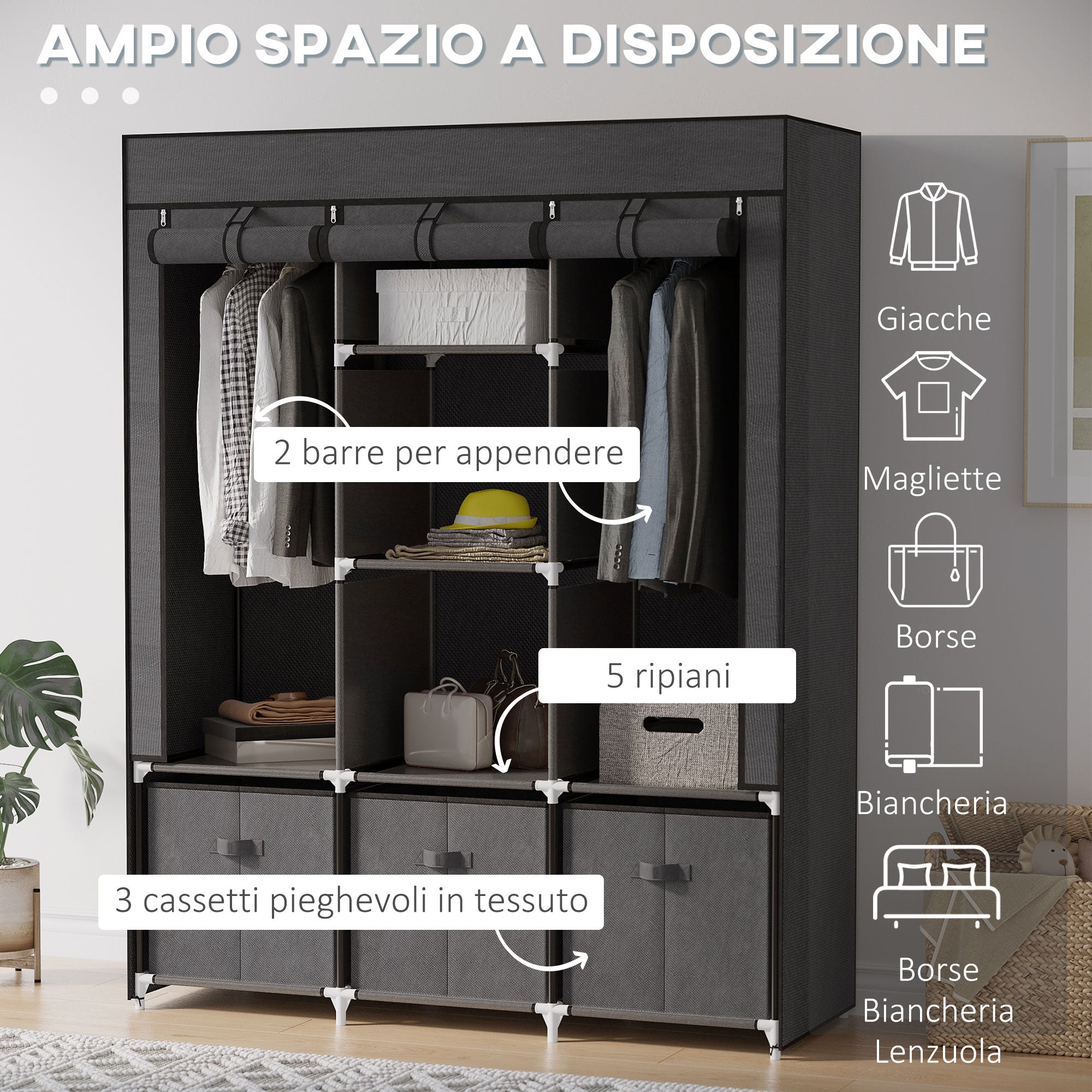 Armadio Guardaroba da Campeggio 125x43x162,5 cm con Cassetti e Ante Avvolgibili con Zip Grigio Scuro