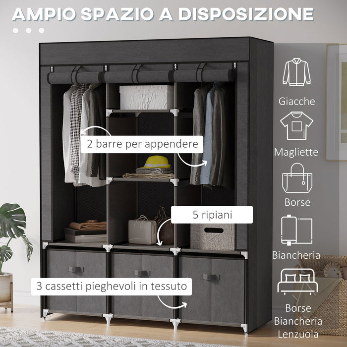 Armadio Guardaroba da Campeggio 125x43x162,5 cm con Cassetti e Ante Avvolgibili con Zip Grigio Scuro