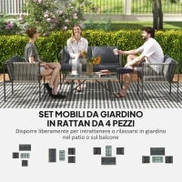 Set Salotto da Giardino in Rattan con 2 Poltrone, Divanetto 2 Posti e Tavolino da Caffè in Vetro, Grigio