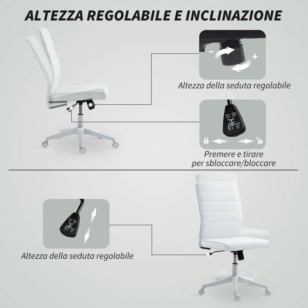 Sedia da Ufficio Ergonomica e Regolabile con Schienale Ricurvo, in Pelle PU e Acciaio, 58x53x97-107 cm, Bianco