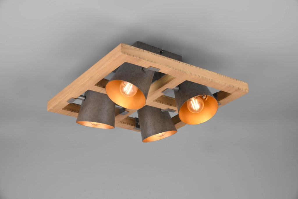 BELL PLAFONIERA QUADRATA LEGNO NATURALE 4 SPOTS ORIENTABILI DIFFUSORI METALLO ACCIAIO ANTICATO INTERNO ORO 39X39CM ATTACCO E14
