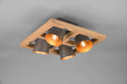 BELL PLAFONIERA QUADRATA LEGNO NATURALE 4 SPOTS ORIENTABILI DIFFUSORI METALLO ACCIAIO ANTICATO INTERNO ORO 39X39CM ATTACCO E14