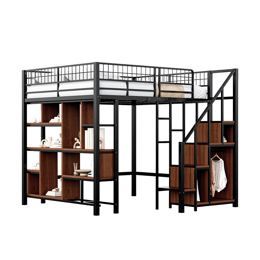 Letto a soppalco multifunzionale - Xylo - 140x200 cm - Nero - Con spazio di archiviazione e scala