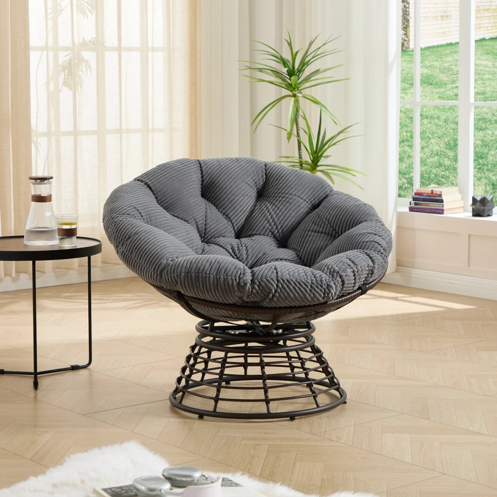Poltrona Papasan Girevole a 360° Design Ergonomico con Cuscino Imbottito Spesso in Acciaio; Rattan PE e Velluto Grigio