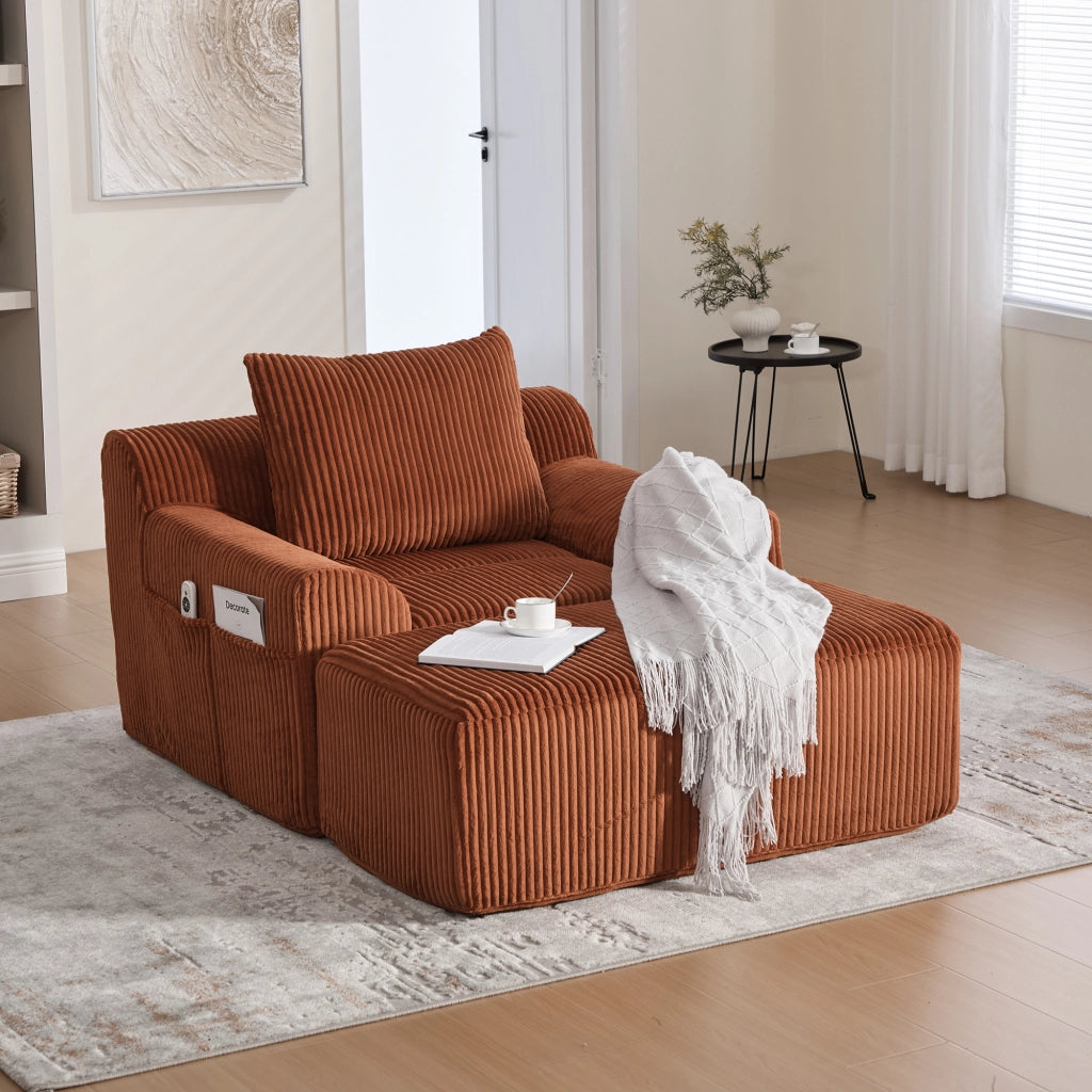 OKWISH Poltrona con Poggiapiedi, Seduta Profonda con Tasche Laterali e Cuscino, Velluto a Coste Arancione 147 × 110 × 67 cm