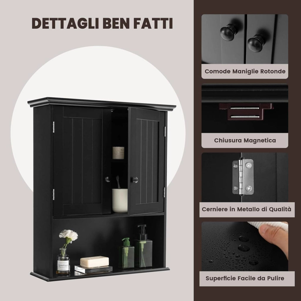 Mobiletto Pensile da Bagno, Mobile Armadietto Bagno sospeso con 2 Porte, Armadietto a Muro delle Medicine, Mensola Regolabile, Capacità di 30 kg (Nero)