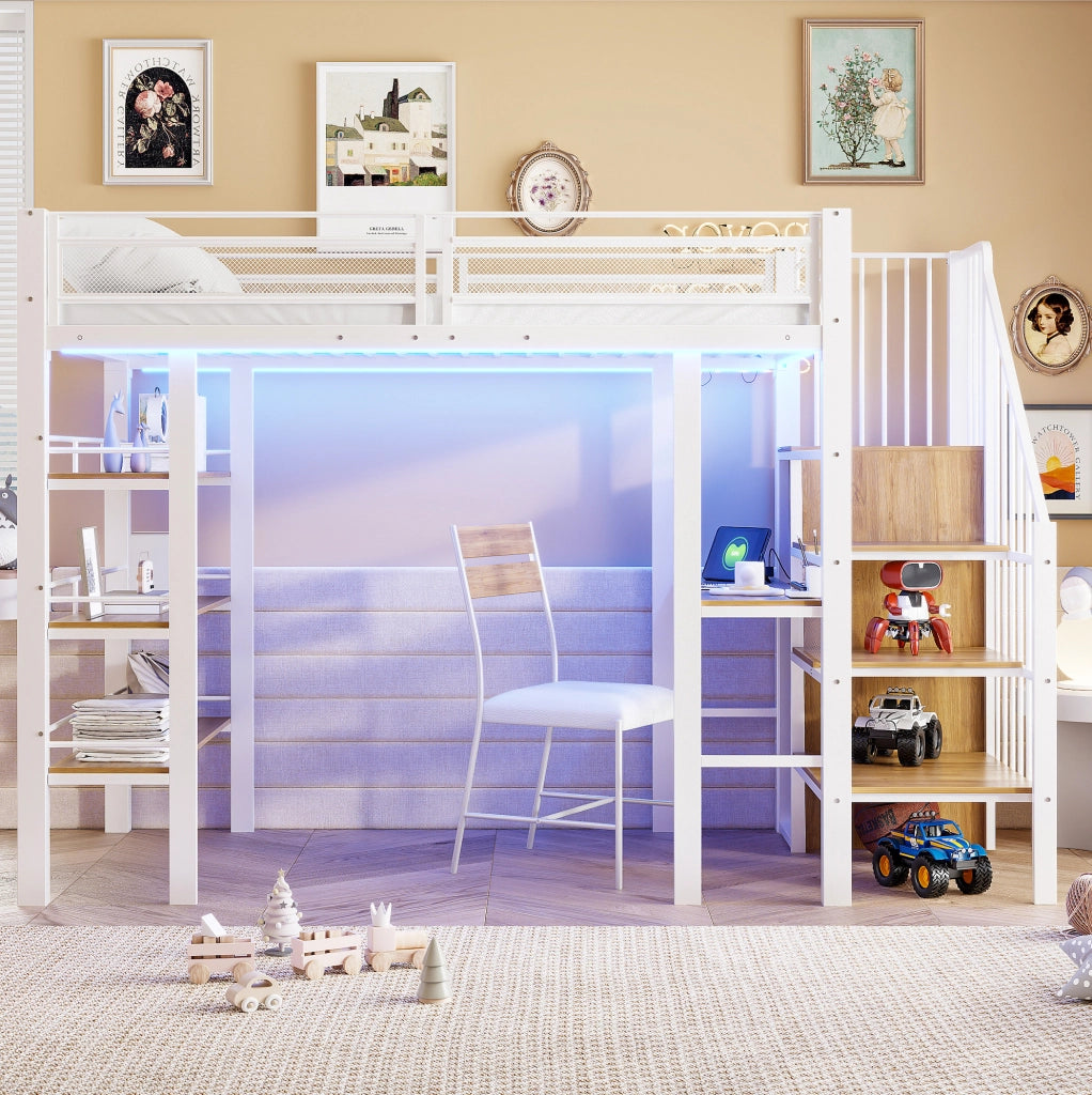 Letto a soppalco 90x200 cm in metallo bianco con scrivania; LED; mensole e armadio