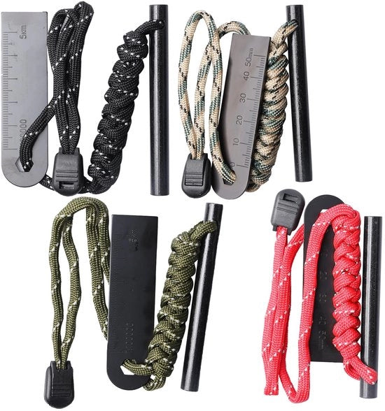 Set di accensione in acciaio - 4 pezzi - pietra focaia con lama - accendino con corda paracordio - impermeabile - adatto per camping/outdoor - peso ridotto 43 g