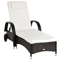 Lettino Prendisole da Giardino con Ruote, Sedia a Sdraio per Spiaggia con Altezza Regolabile in Rattan, Marrone e Crema, 200x73x103cm