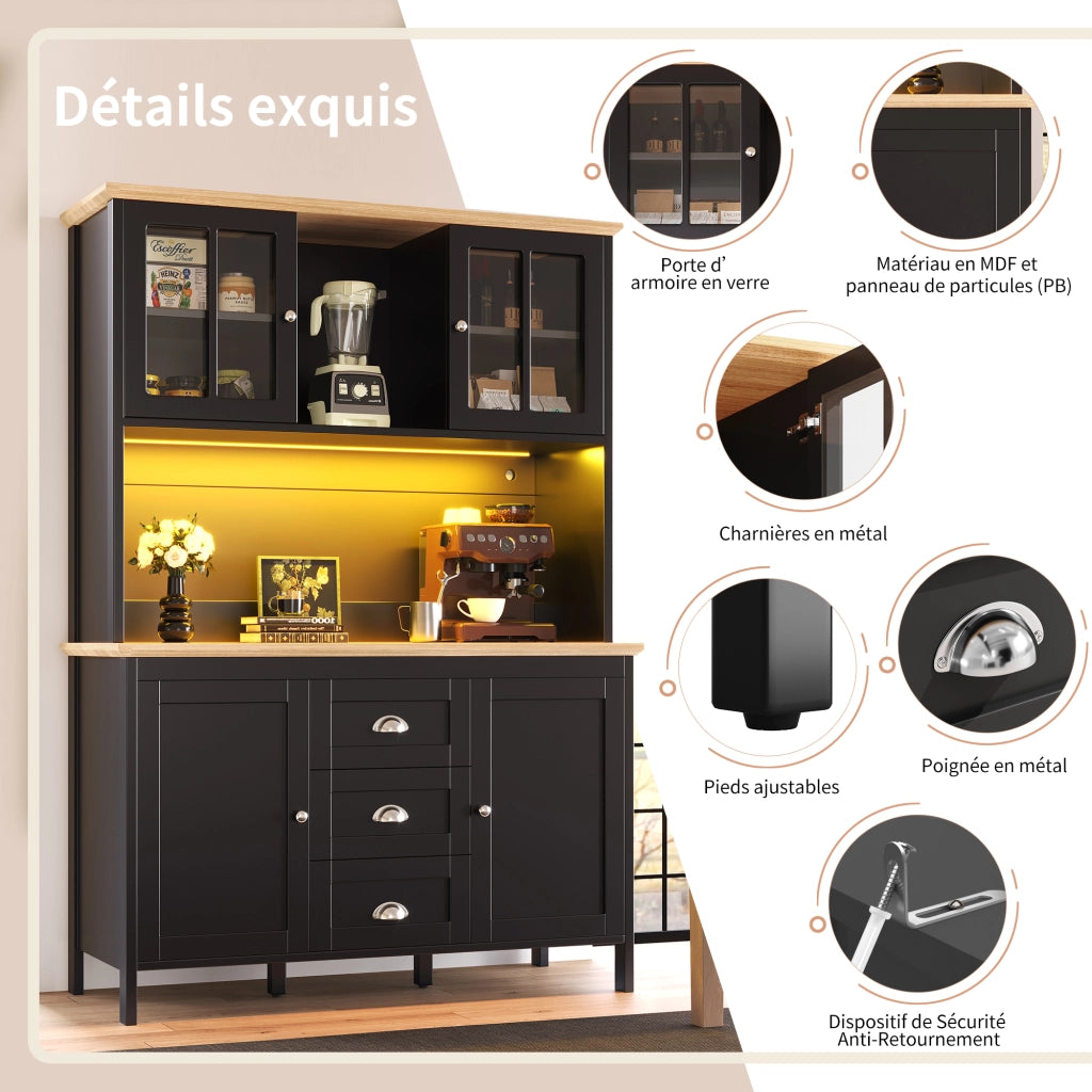 Credenza Alta da Cucina con 4 Ante; 3 Cassetti; 1 Vano Aperto e LED per Cucina in MDF e Metallo 120 x 40 x 179 cm Nero