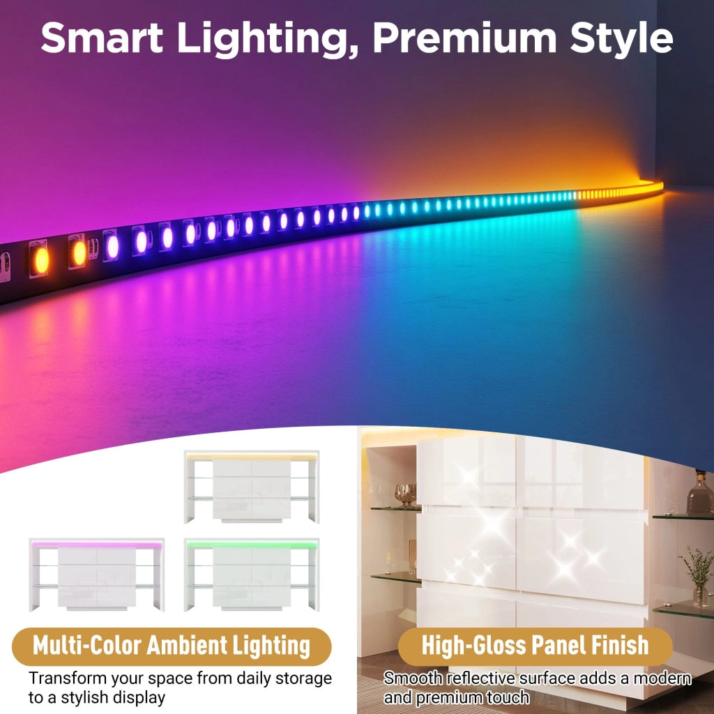 Comodino lucido, credenza da sala da pranzo, illuminazione a LED, 6 cassetti, 4 ripiani in vetro, 155 x 40 x 80 cm, bianco