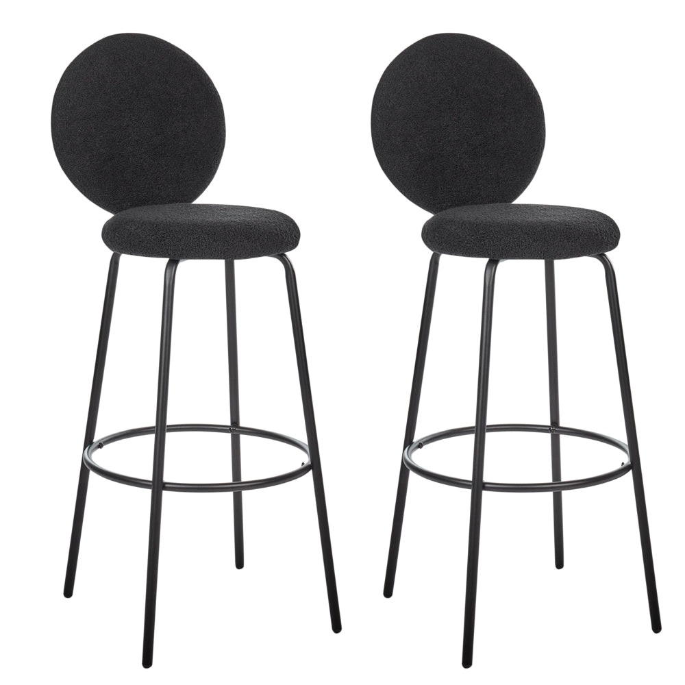 Set di 2 sedie da bar bouclé nero con gambe in acciaio e schienale rotondo soggiorno salotto