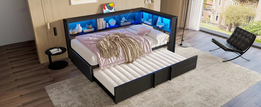 Divano letto in metallo 90x200 nero con secondo letto estraibile, armadietti, illuminazione LED e prese USB