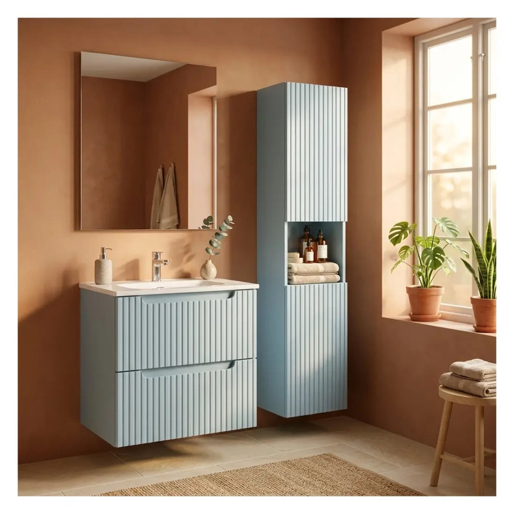 Set bagno sospeso VANO blu denim 90cm: mobile basso con cassetti + lavabo incasso bianco + colonna