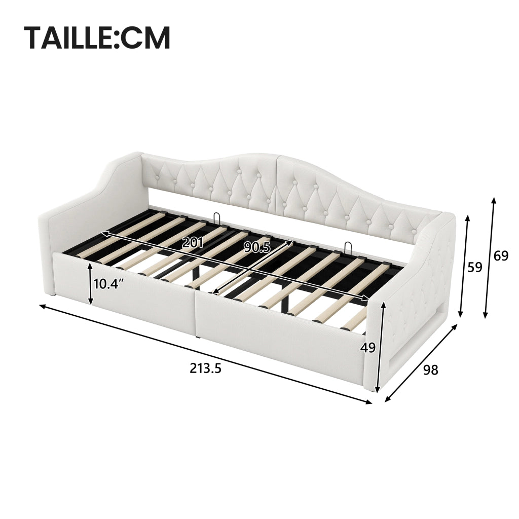Letto a Divanetto 90x200 cm con Schienale; LED e Contenitore; Imbottito in Lino - Beige