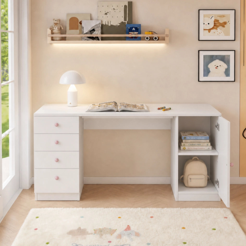 Scrivania per bambini con 4 cassetti e vano laterale in MDF bianca per studio 155 × 45 × 74 cm