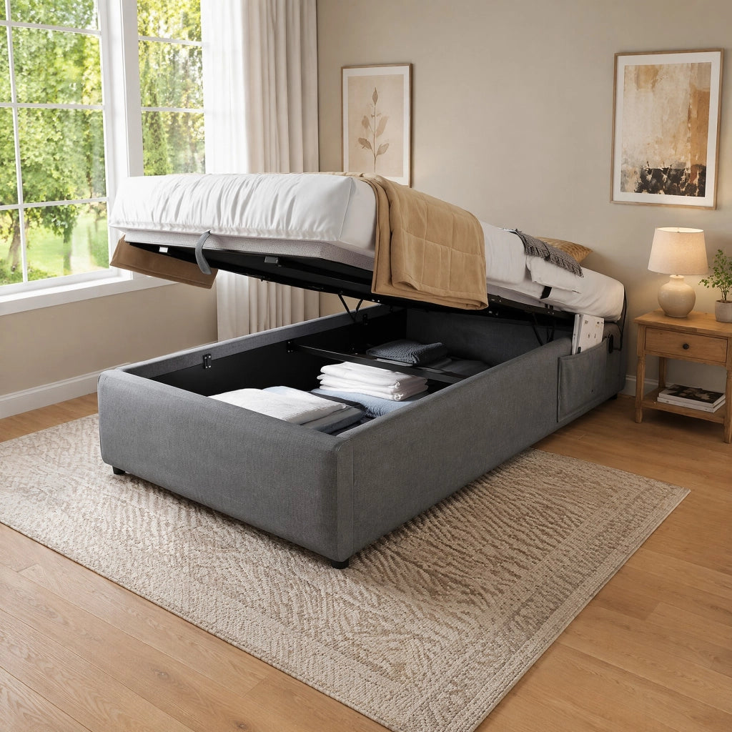 LETTO contenitore 90x200 cm con USB e Type-C tessuto grigio