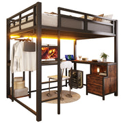 LETTO a soppalco 140x200 cm in metallo nero con scrivania, ripiani e barra appendiabiti
