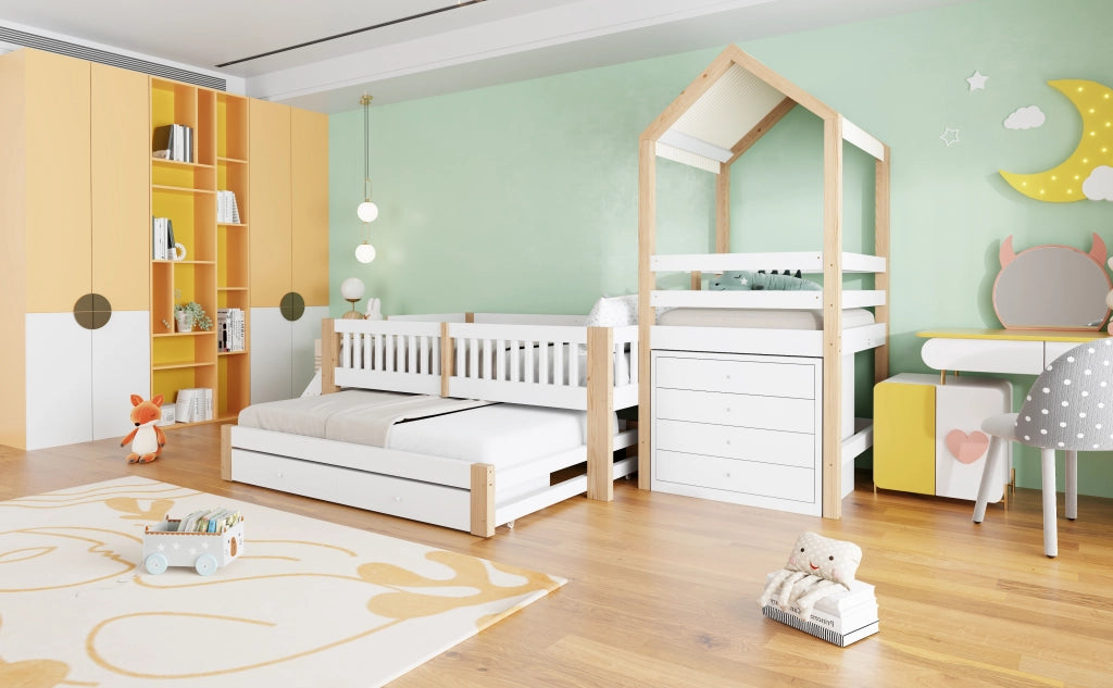 Letto per bambini a casetta 90 × 200 cm con letto estraibile 90 × 190 cm, cassetti e scaletta, senza materasso