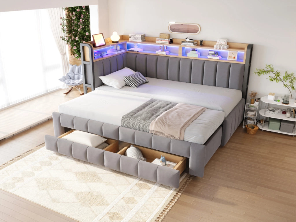 Letto divano 90 × 200 cm estensibile a 180 × 200 cm con cassetti, ripiani, LED, USB e Type-C, senza materasso