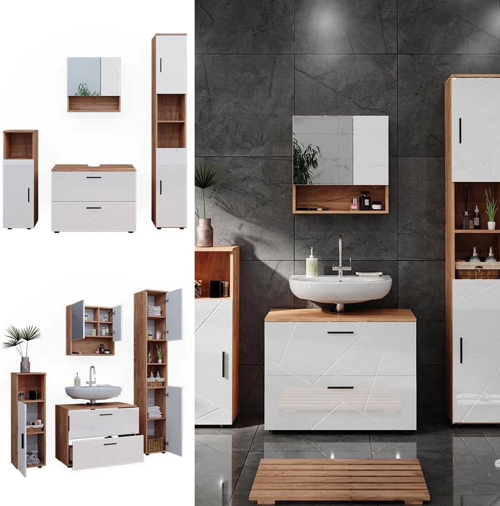 Set di mobili da bagno Irma, Bianco lucido/oro power oak, 80 cm, composto da mobile lavabo, pensile a specchio, colonna e base media