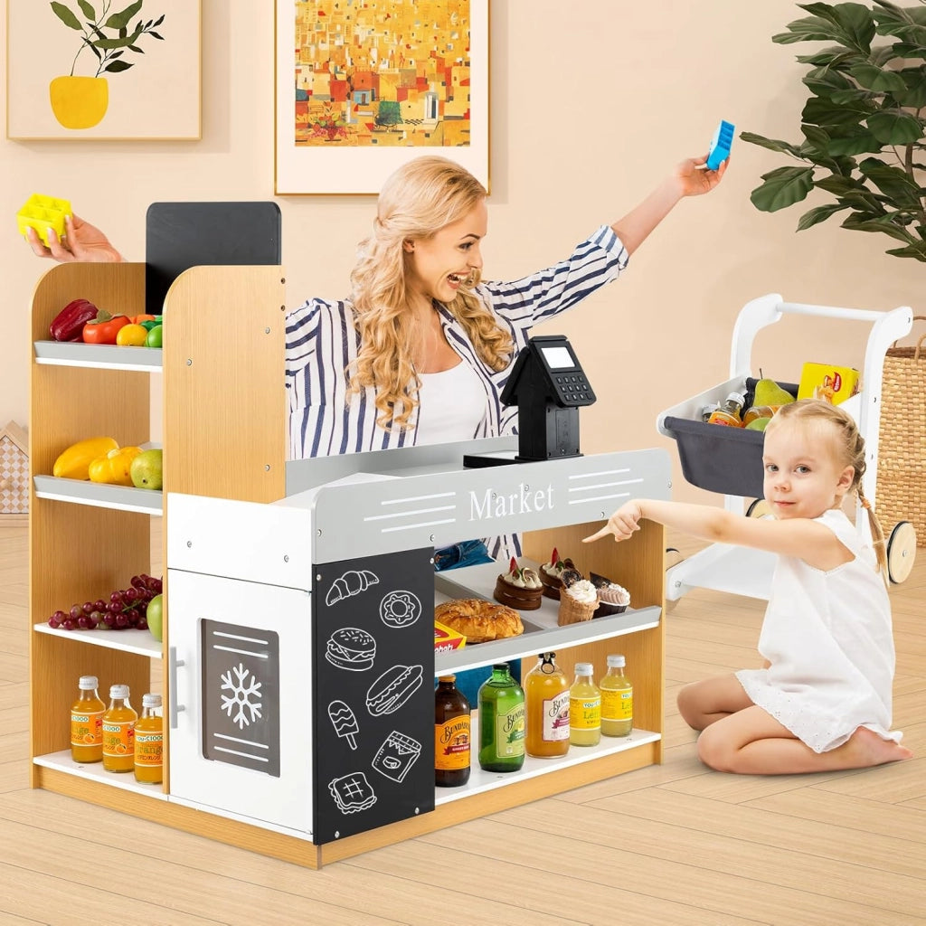 Set da Gioco da Supermercato, Banco di Mercato per Bambini in Legno con Carrello della Spesa, 2 Lavagne e Registratore di Cassa, Scaffali Espositivi, per Bambini 3+ Anni