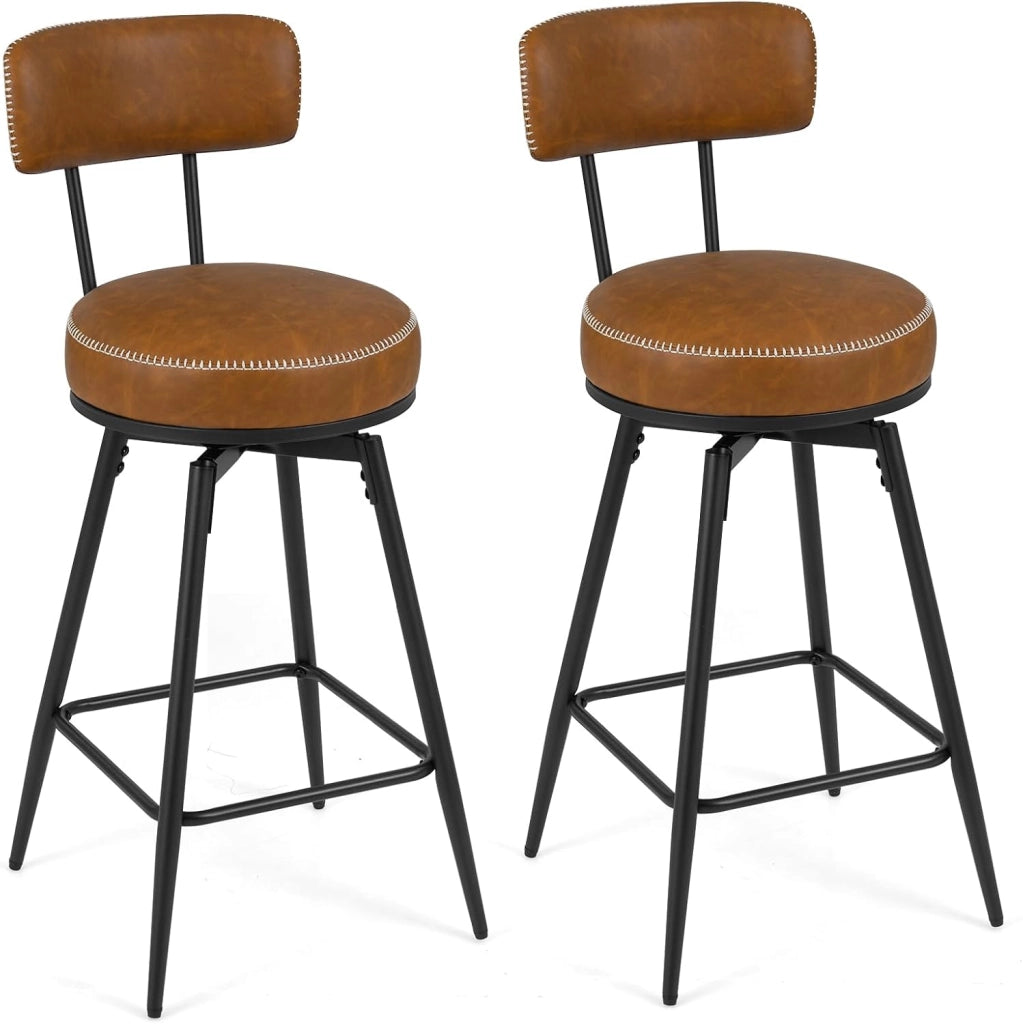 Set di 2 Sgabelli Girevoli, Sedie da Bar Moderne con Schienale Imbottito, Poggiapiedi e Gambe in Metallo, Sgabelli Imbottiti in Similpelle per Isola Cucina e Sala da Pranzo (Marrone, Rotondo)
