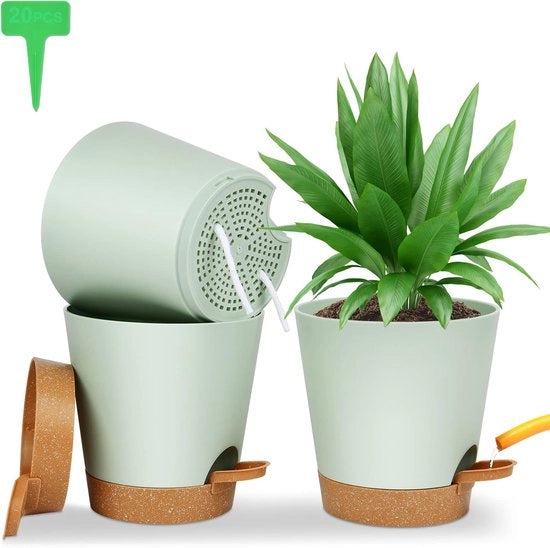Contenitore di Piante in Plastica Autoirriguo 3 Pezzi - Vaso per Piante da Interno e da Esterno - 165 * 17cm - Con Disco e 20 Etichette per Piante