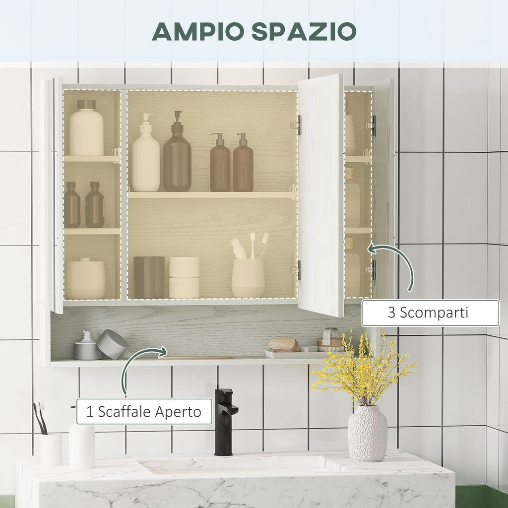 ARMADIETTO A SPECCHIO PER BAGNO CON RIPIANI REGOLABILI 3 PORTE 90X15X75CM