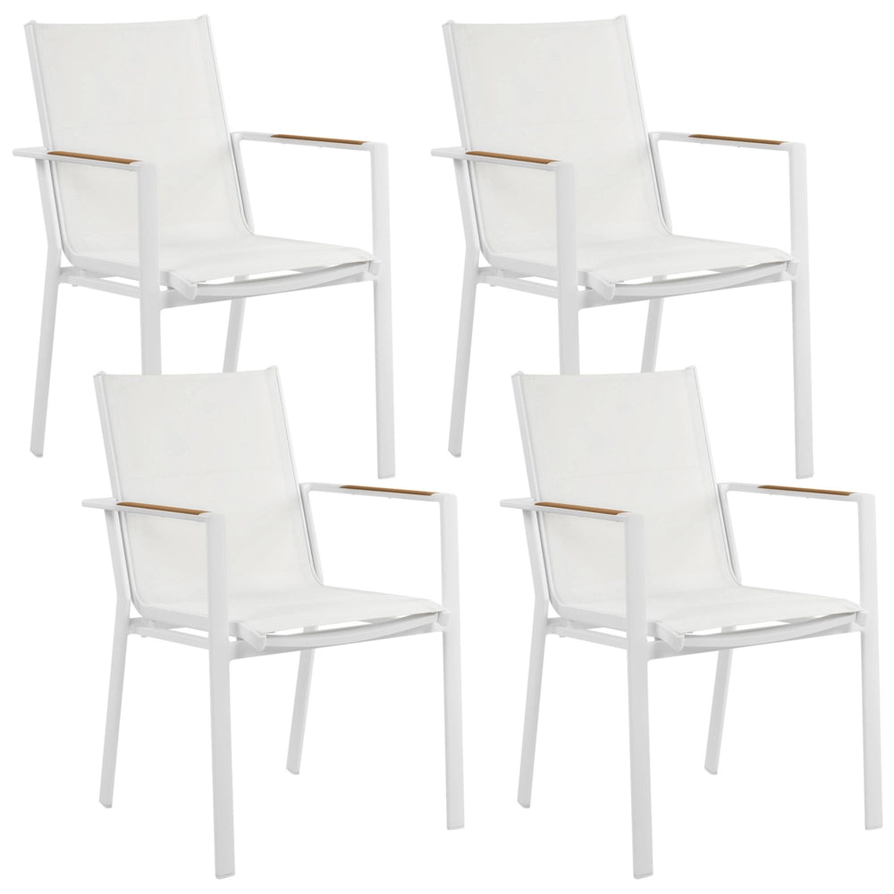 Set da pranzo 4 posti composto da tavolo in alluminio con piano in vetro ceramico grigio e sedie con cuscini bianchi giardino terrazzo elegante