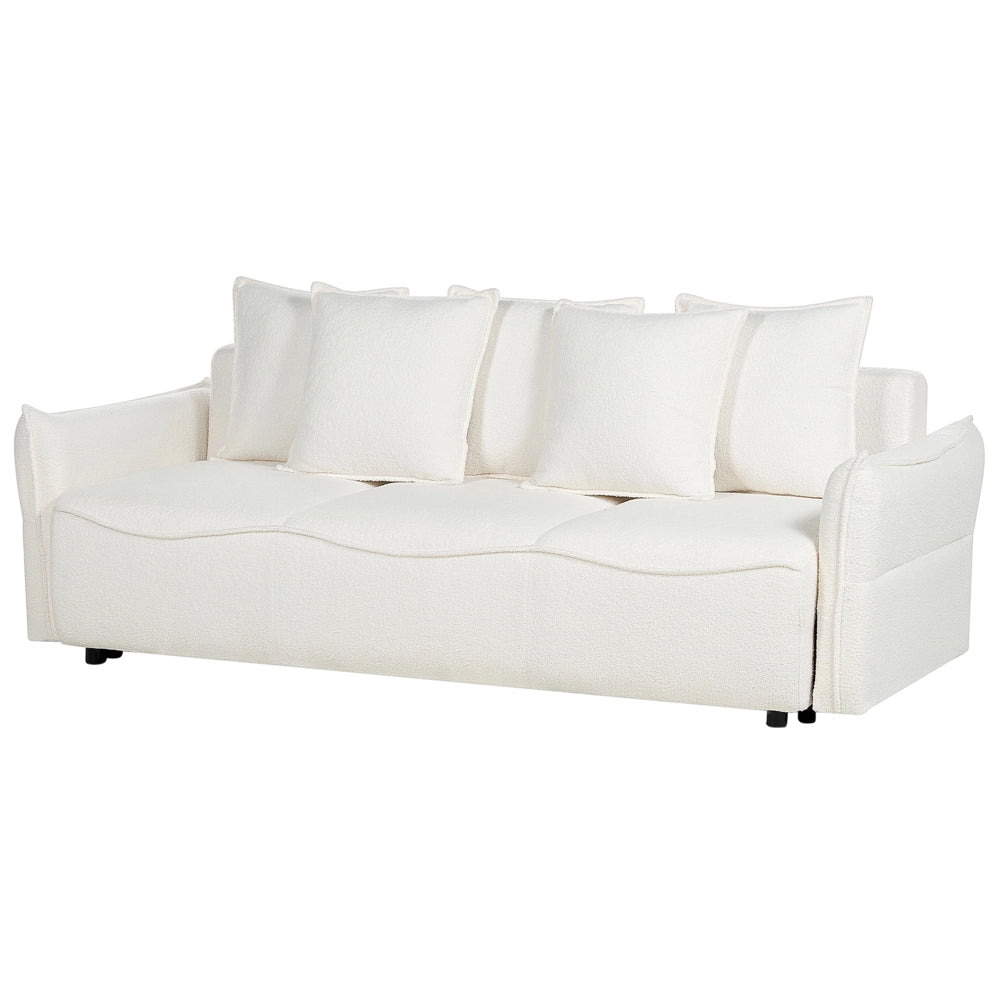 Divano letto in tessuto bouclé bianco convertibile con cuscini aggiuntivi rimovibili, con rivestimento in stile moderno e minimalista.