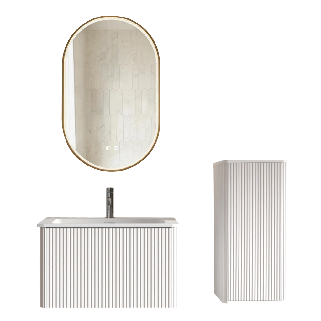 Mobile bagno sospeso con lavabo; colonna bagno e specchio con LED e funzione antiappannamento per bagno; bianco
