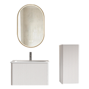 Mobile bagno sospeso con lavabo; colonna bagno e specchio con LED e funzione antiappannamento per bagno; bianco