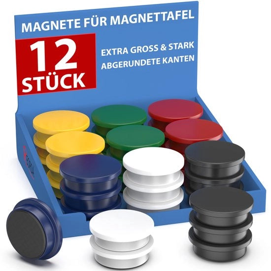 Magnetici forti per lavagne magnetiche - 12x magneti per lavagna bianca, lavagna per appunti, frigorifero e lavagna scolastica - Rondi, colorati, ad alta tenuta