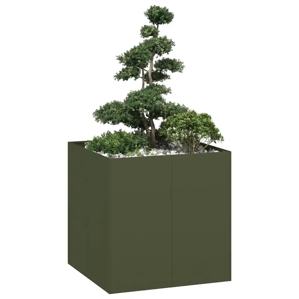 Fioriera-Vaso-Contenitore per Piante Verde Oliva 80x80x80 cm in Acciaio