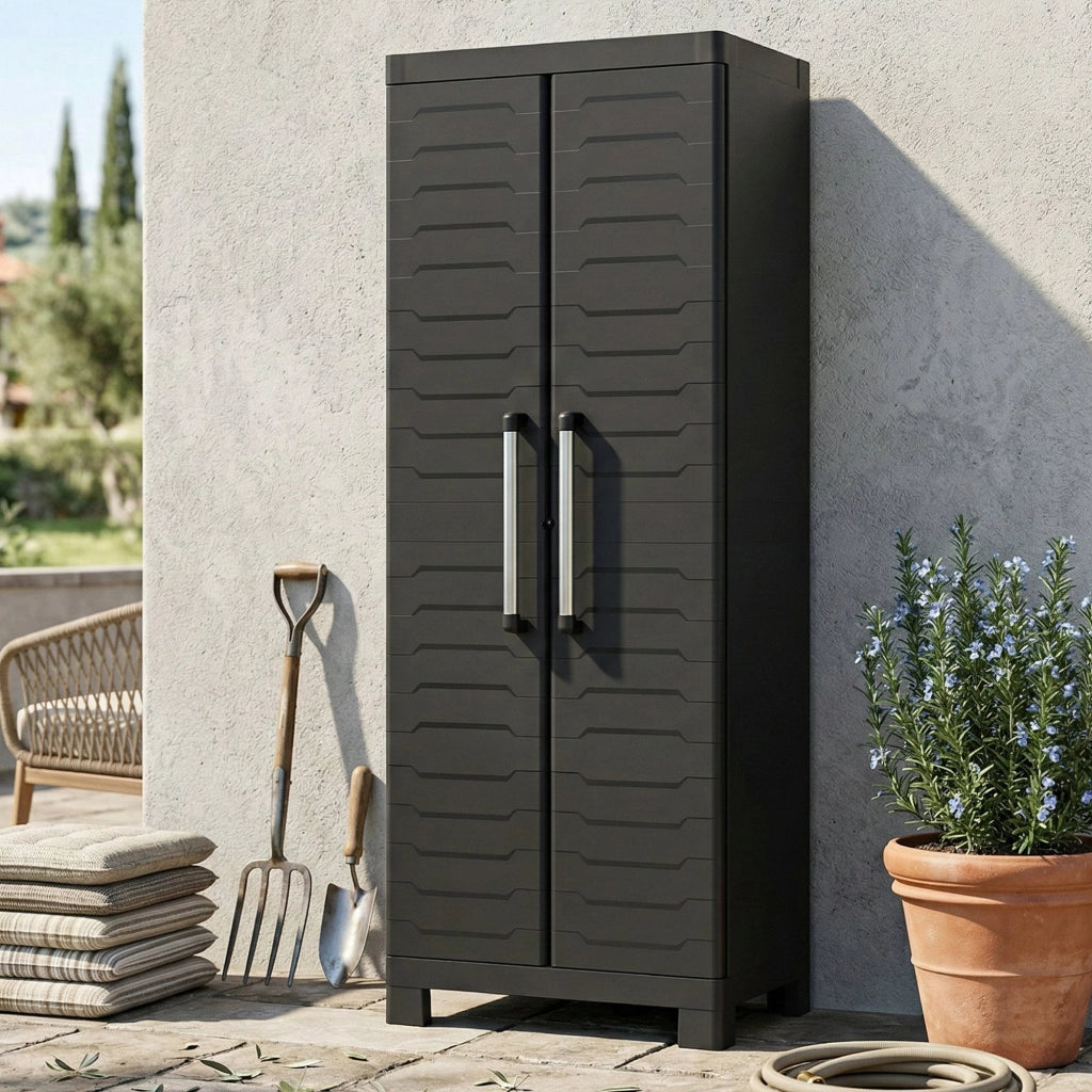 Armadio da esterno Terrebonne, Mobile outdoor, Mobiletto giardino multiuso, Contenitore per balcone o garage, Made in Italy, 65x45 h182 cm, Nero