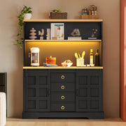 Mobile da cucina 120x40x150 cm con LED RGB; 4 cassetti; ante scorrevoli in MDF nero
