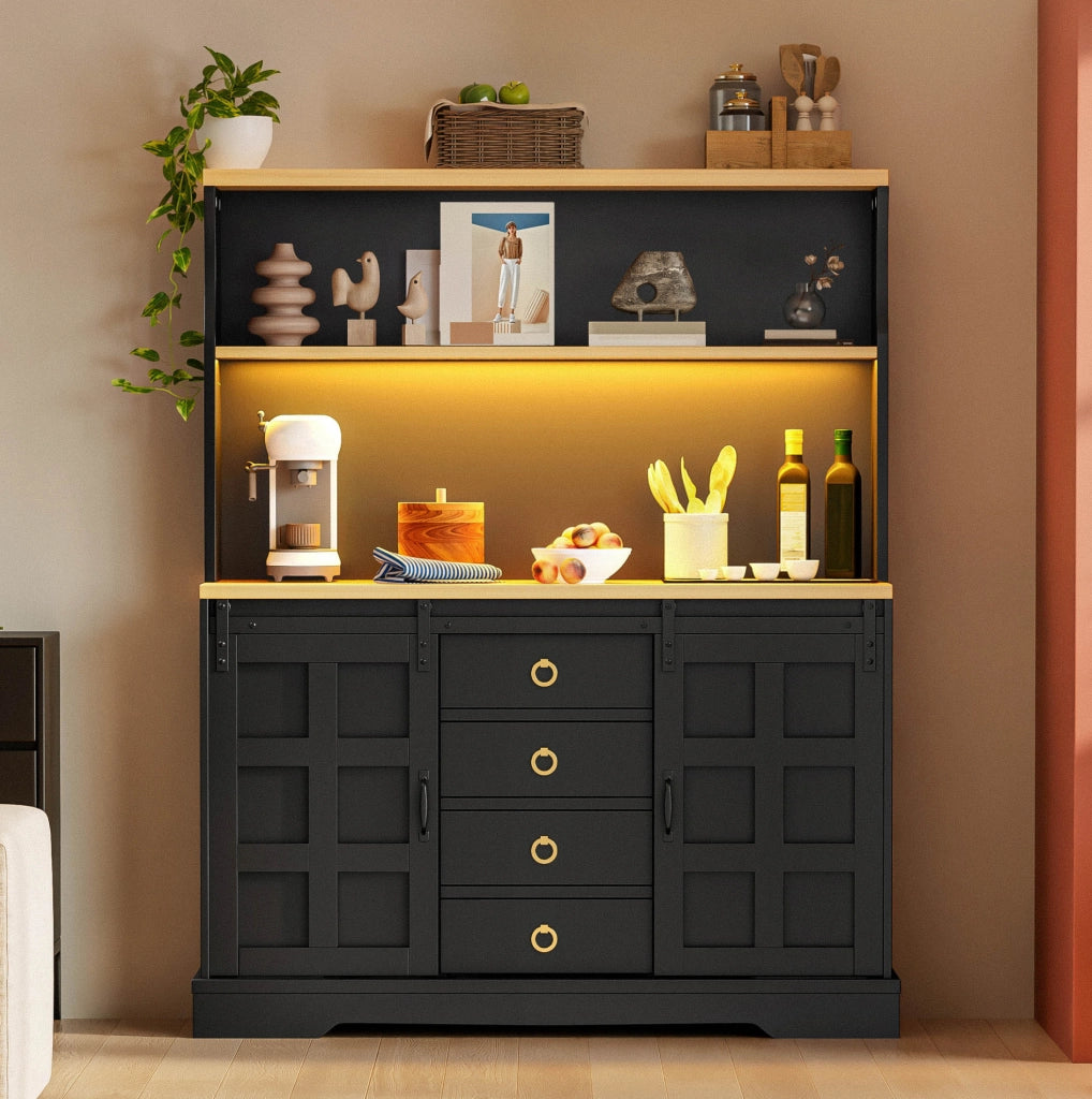 Mobile da cucina 120x40x150 cm con LED RGB; 4 cassetti; ante scorrevoli in MDF nero