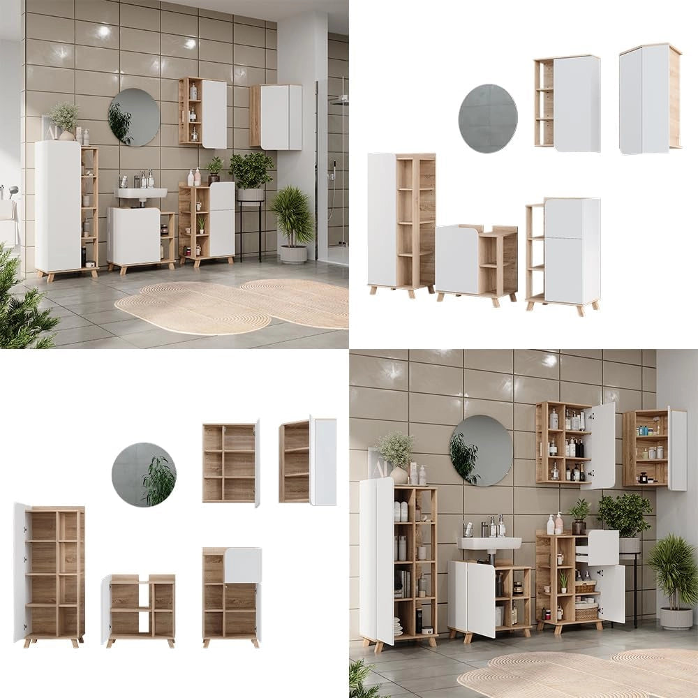 Set di mobili da bagno Karen, Sonoma/Bianco, 60 cm, composto da specchio, pensile, pensile angolare, armadio medio, base lavabo e base