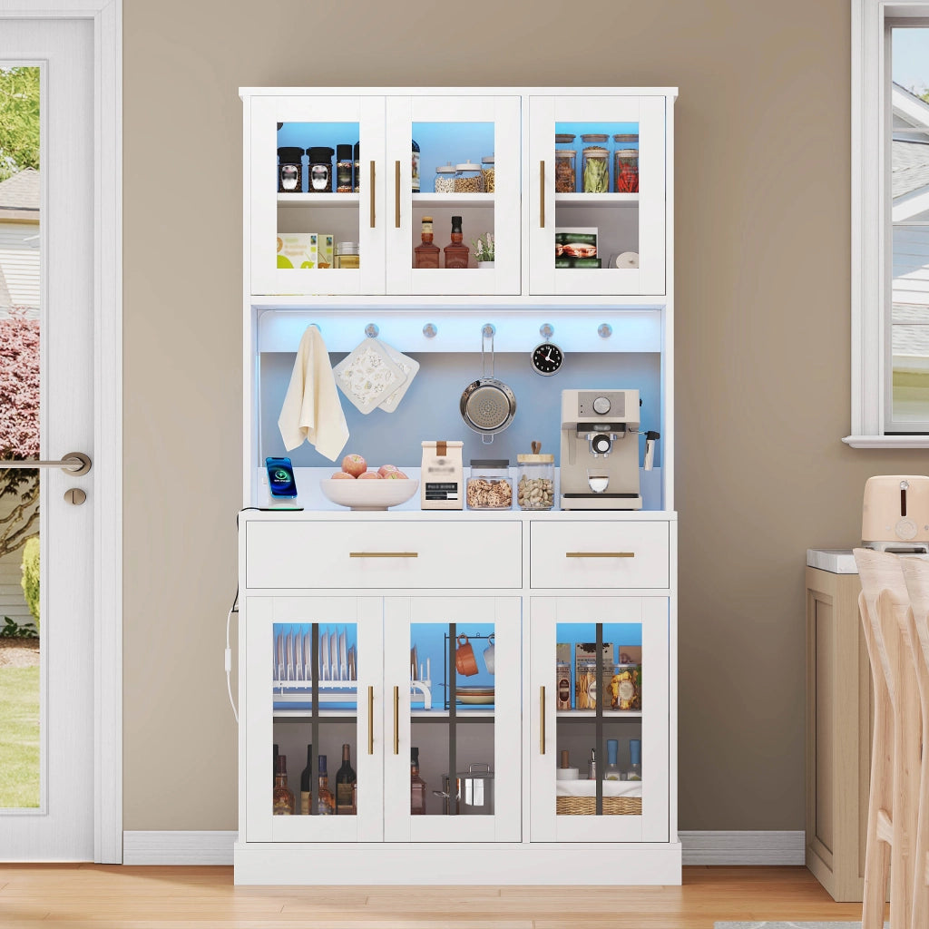Credenza da cucina con 6 Ante; 2 Cassetti; Ripiani Regolabili e LED; Stile Rustico; in MDF; Bianco