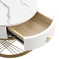 Tavolini Rotondi Modulari in Marmo Sintetico, con Dettagli Dorati e Cassetto, Dimensioni 70x70x45 cm e 50x50x40 cm, Nero e Bianco
